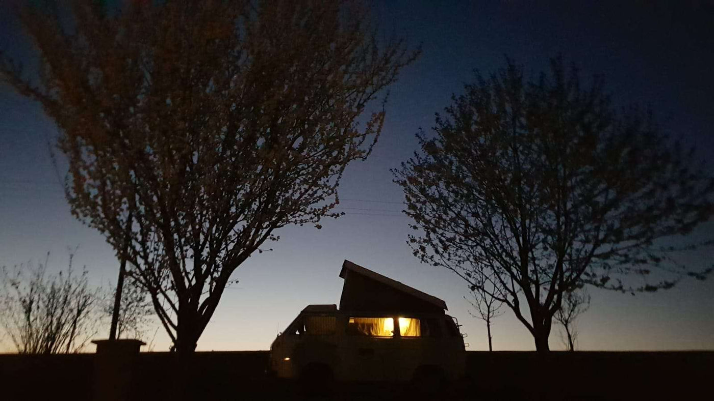  framed by trees. Perfect RV rental for your next outdoor adventure!|Cream VW Westfalia camper van with pop-top open — photo 2