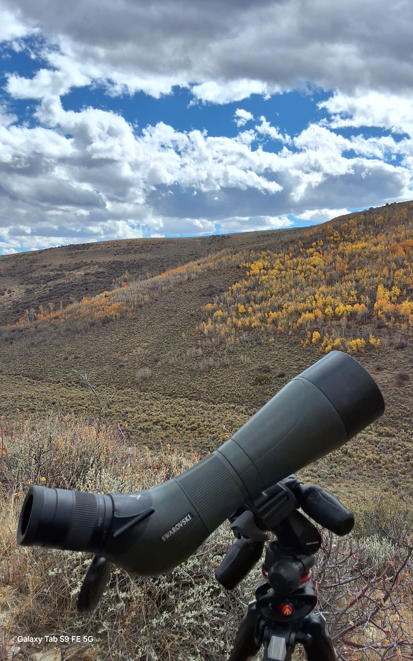 Spotting scope set up in vibrant autumn hills. Ideal for wildlife spotting; a perfect RV rental adventure destination.