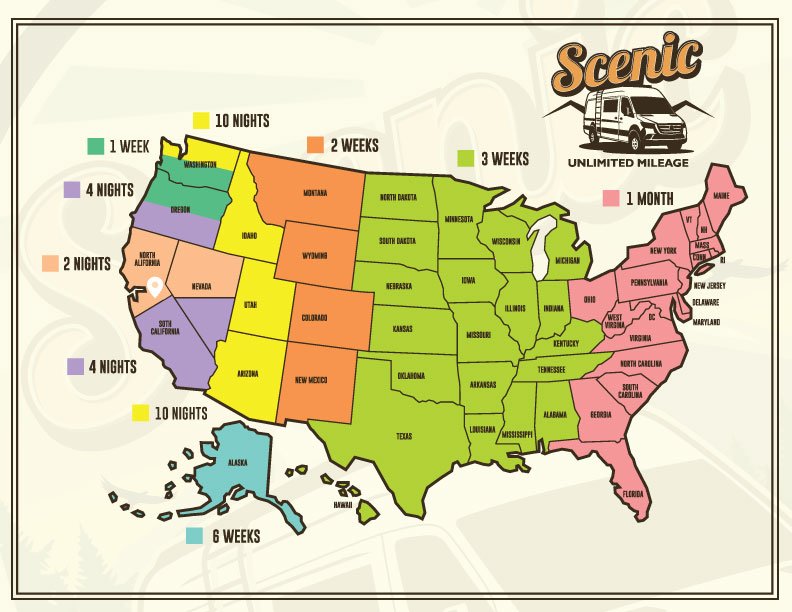 This US map displays recommended **rv rental** trip durations for states, from 2 nights to 1 month, for road trip planning.
