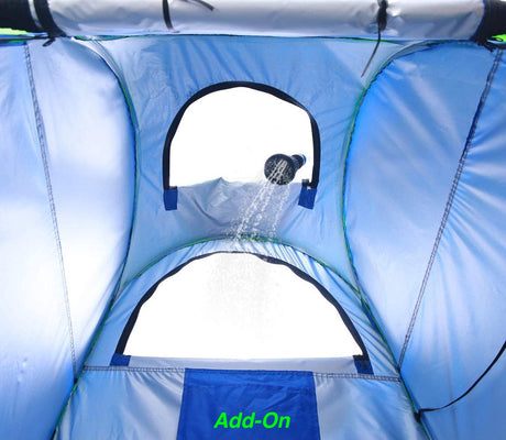 Inside an RV rental shower tent, water sprays from a shower head, providing outdoor privacy.