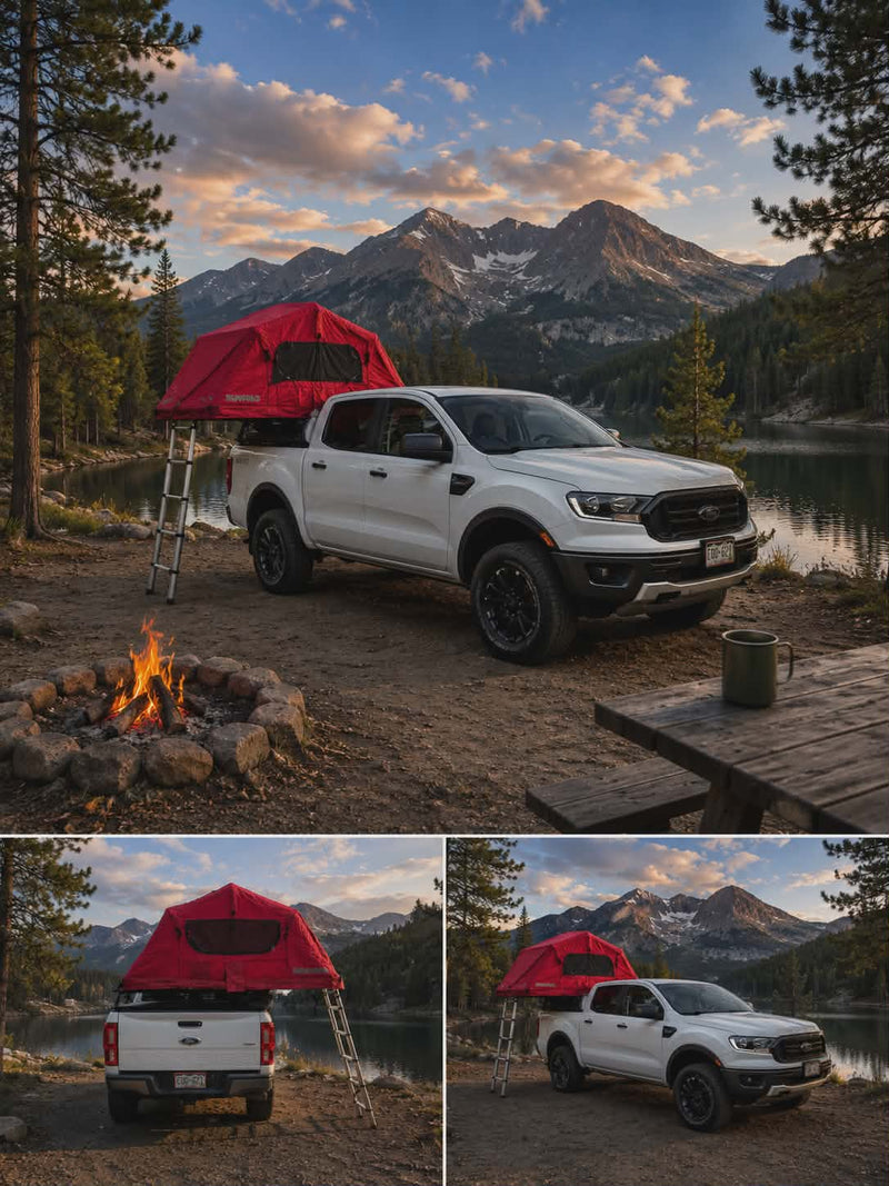 Adventure awaits! This RV rental features a white Ford Ranger pickup with a red rooftop tent by a scenic lake — photo 1