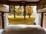 View from an rv rental camper van. Pillow in foreground, outside features autumn trees, grassy field, and houses.
