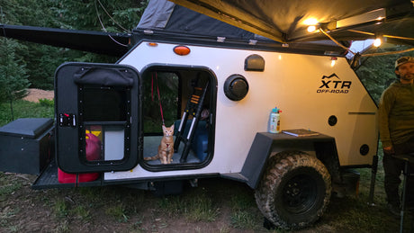 This off-road RV rental features a teardrop camper with an awning, string lights, and a cat, ideal for camping adventures.