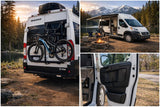 Experience outdoor adventure! This RV rental, a white Thor Sequence camper van, features a bike rack, awning, and lakeside campfire.