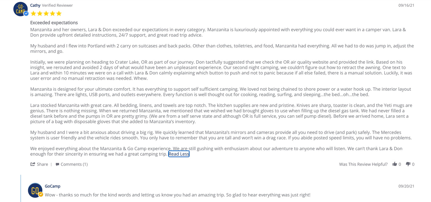 Screenshot of a glowing RV rental review for Manzanita camper van from GoCamp, praising features and owner support for a great camping trip.