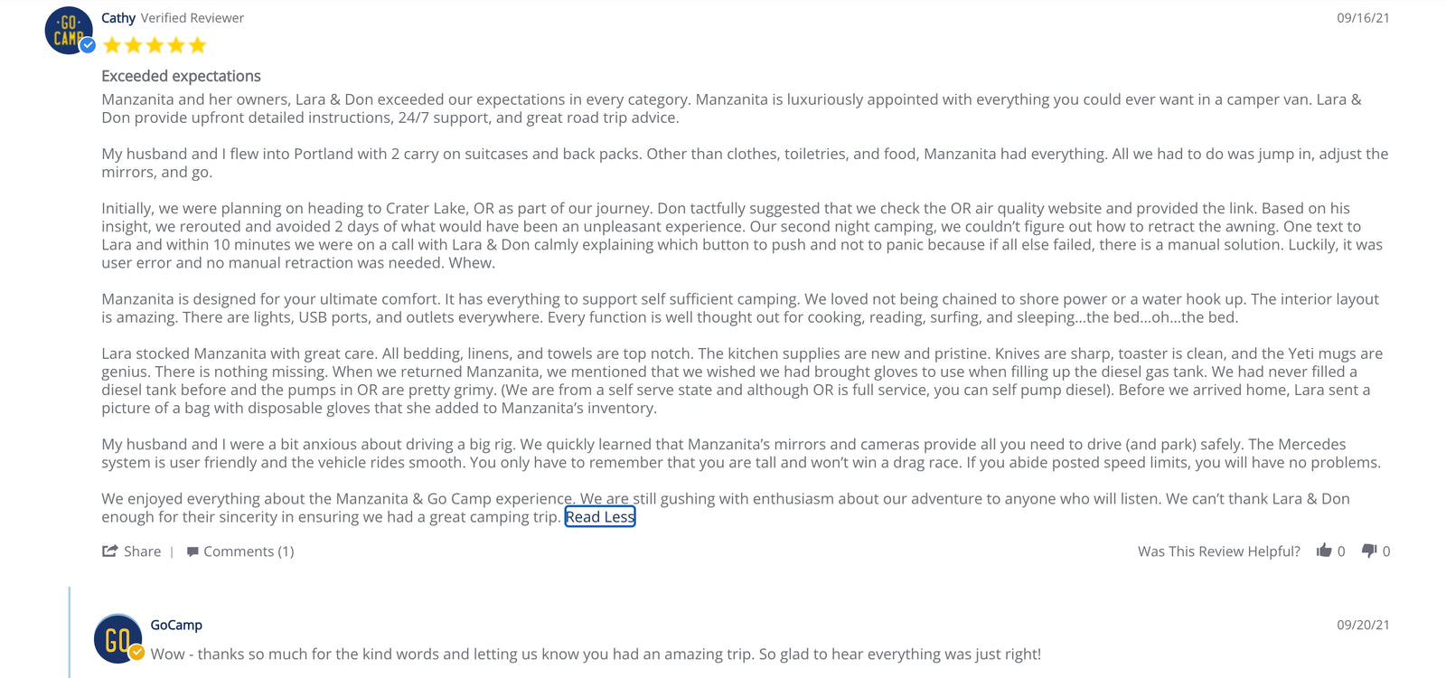 Screenshot of a glowing RV rental review for Manzanita camper van from GoCamp, praising features and owner support for a great camping trip.