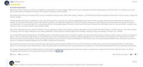 Screenshot of a glowing RV rental review for Manzanita camper van from GoCamp, praising features and owner support for a great camping trip.