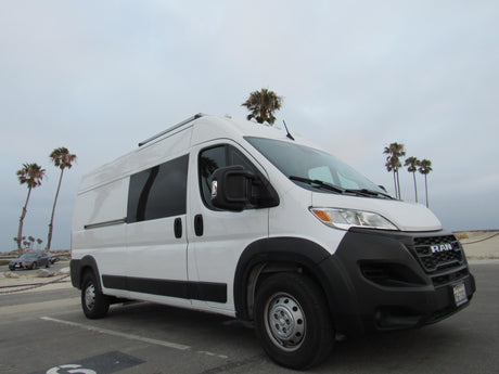 White Ram ProMaster RV rental van parked at a beach with palm trees under a cloudy sky.