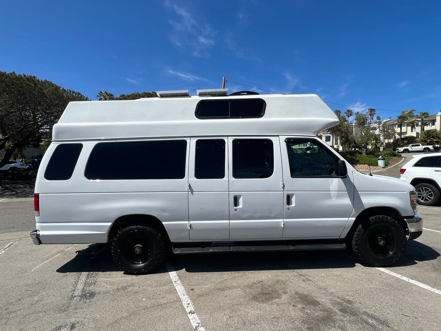 White high-top camper van, ideal for rv rental, featuring tinted windows and rugged black wheels, parked under a clear sky.