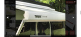 White Thule Crown awning on an RV, ideal for an rv rental adventure. Enhance your outdoor living space.