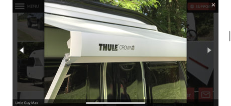 White Thule Crown awning on an RV, ideal for an rv rental adventure. Enhance your outdoor living space.