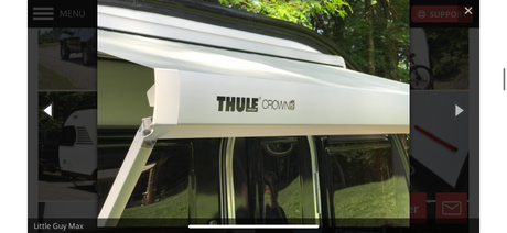 White Thule Crown awning on an RV, ideal for an rv rental adventure. Enhance your outdoor living space.