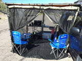 Car with attached awning tent & kitchen setup, offering a portable living space; a versatile RV rental alternative.