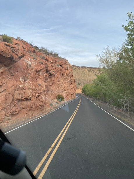Winding road through red rock cliffs and green trees, ideal for an RV rental journey.