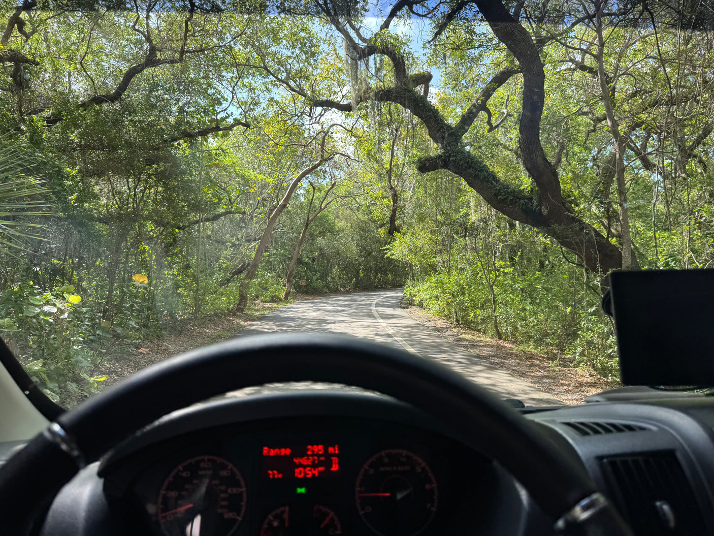 Driving an RV rental through a winding, tree-lined forest road. The dashboard shows 295 miles of range, viewed from the driver's seat.