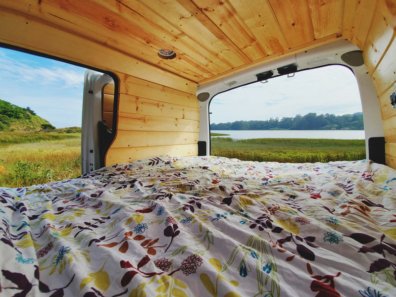  is parked on a leaf-strewn forest path amidst tall trees.|Inside an rv rental van. The driver's view reveals the dashboard — photo 22