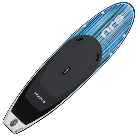 NRS Thrive inflatable paddleboard, blue/white stripes & dark gray deck. Perfect for watersports with your RV rental.