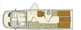 This rv rental floor plan details a motorhome's interior: cockpit, galley, bathroom, dinette, and beds.