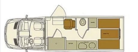 This rv rental floor plan details a motorhome's interior: cockpit, galley, bathroom, dinette, and beds.