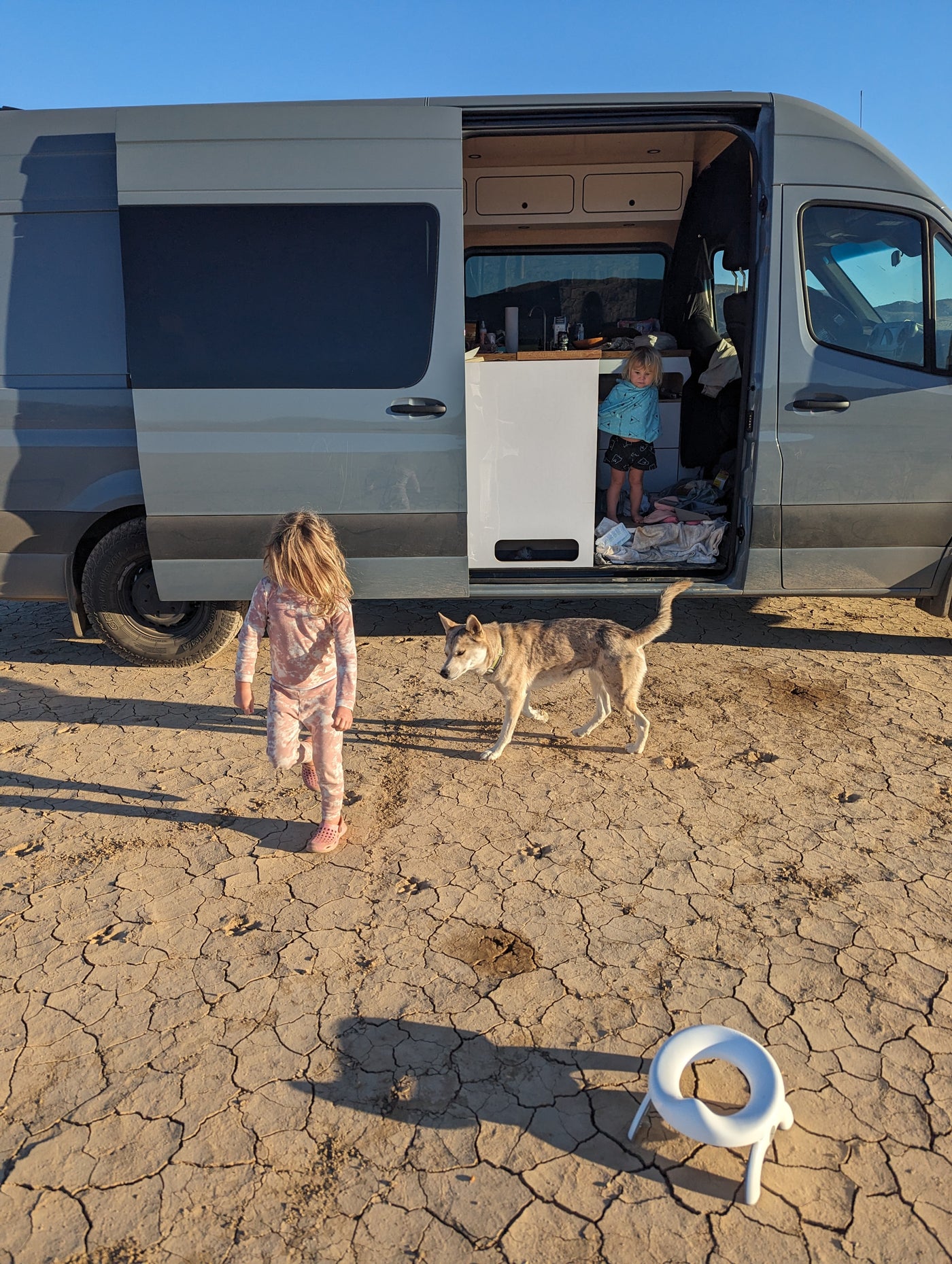 Family adventure with an RV rental: Two children and a dog play outside their grey camper van on dry, cracked ground. — photo 3