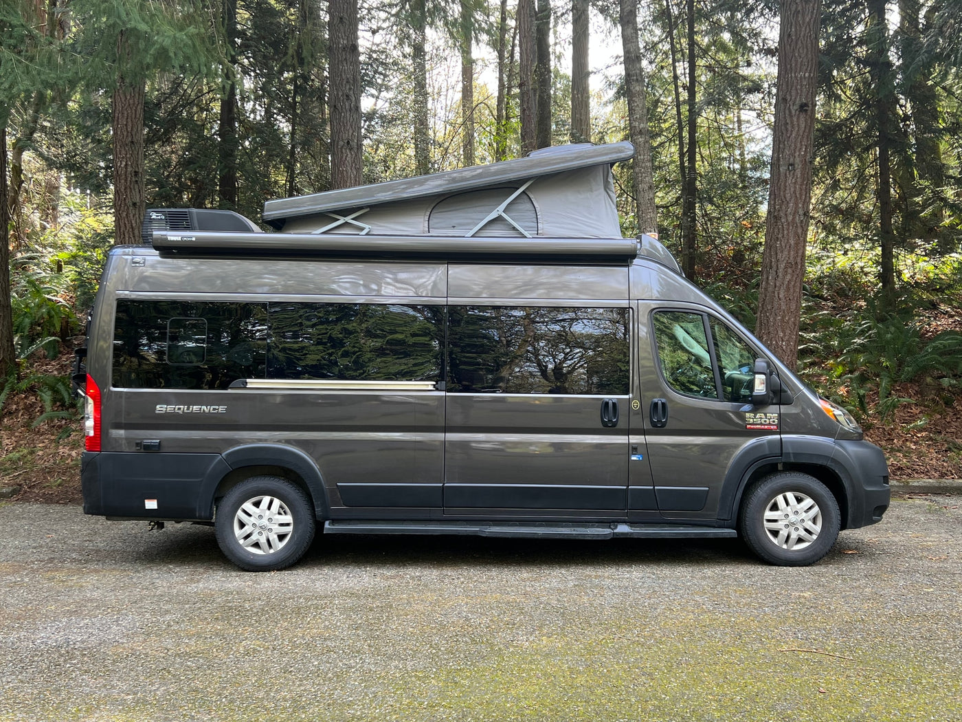 Grey Sequence camper van with pop-top roof parked in a lush forest. Perfect for an RV rental vacation. — photo 15