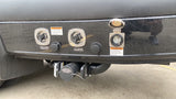 RV rental utility panel: fresh water, city water, 30A power, and waste drain connections for full hookups.