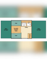 RV rental floor plan shows camper interior with beds, galley, dinette, and storage layout.