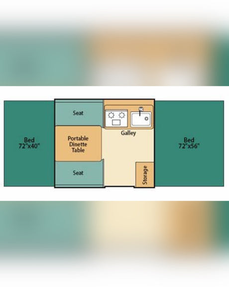 RV rental floor plan shows camper interior with beds, galley, dinette, and storage layout.