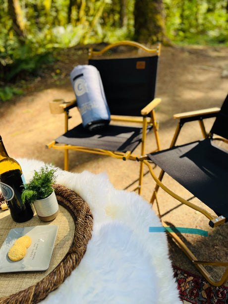 Campsite comfort with your RV rental! Two chairs, picnic setup, and a fluffy rug under trees for outdoor relaxation.