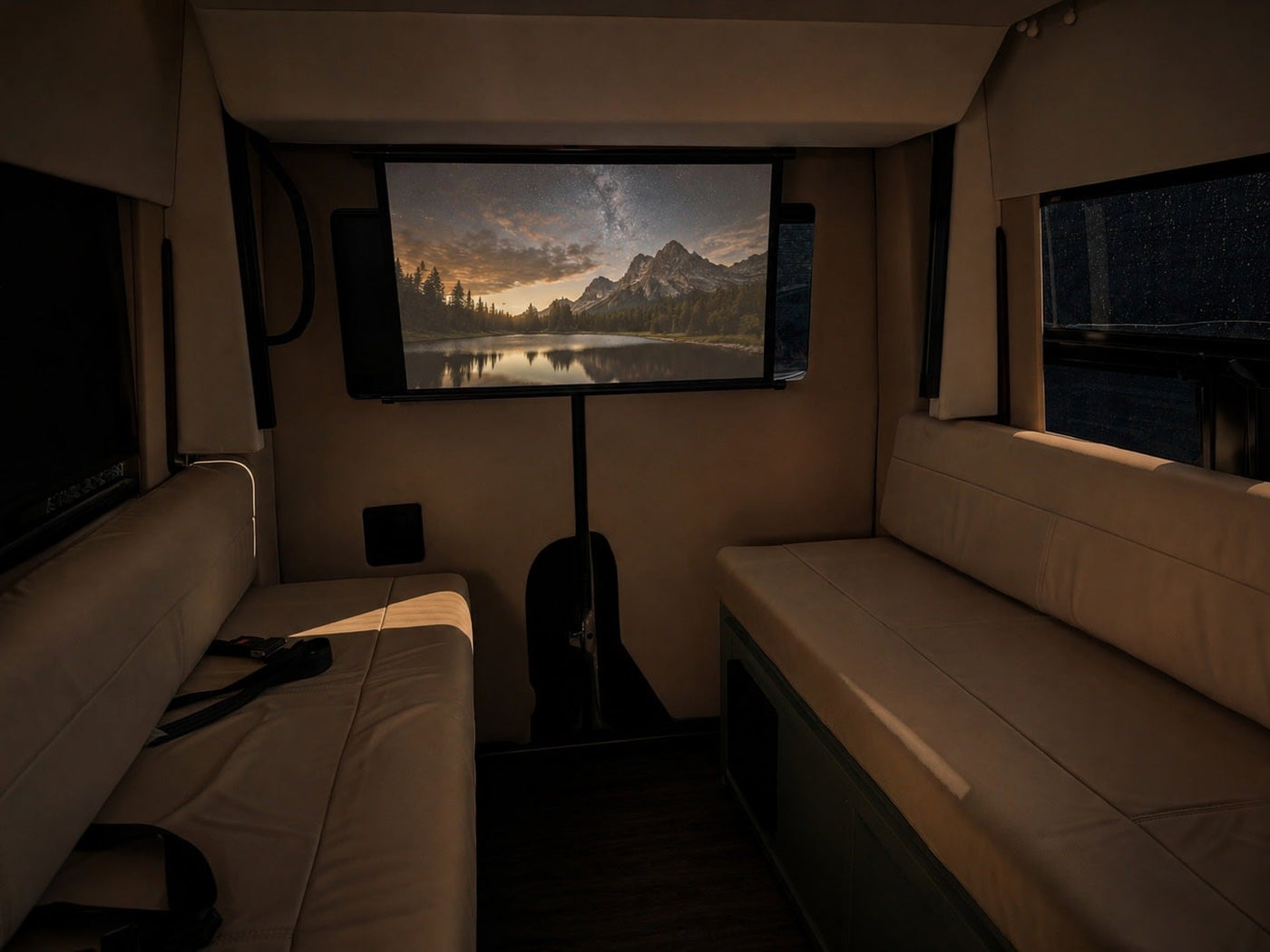  designed for comfort and travel.|Explore this RV rental's modern interior. A compact bathroom features dark green tiled shower — photo 6
