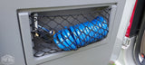 RV rental: Compact outdoor shower featuring a chrome head and coiled blue hose in a convenient storage net.