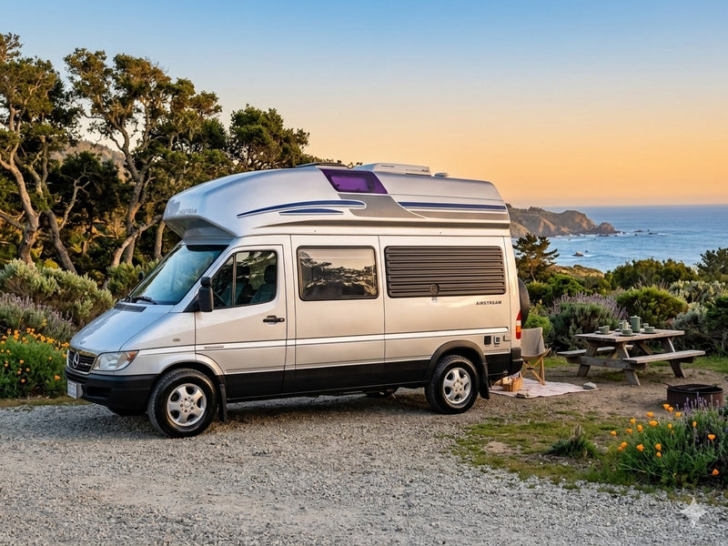 Scenic rv rental: Silver Airstream camper van parked oceanside at sunset, with a picnic table, for a coastal road trip. — photo 8
