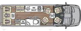 RV rental camper van floor plan detailing galley kitchen, wet bath, versatile lounge/sleeping areas, and overhead cabinets.
