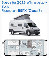 Exterior and detailed floorplan of the 2023 Winnebago Solis 59PX Class B RV, great for RV rental.