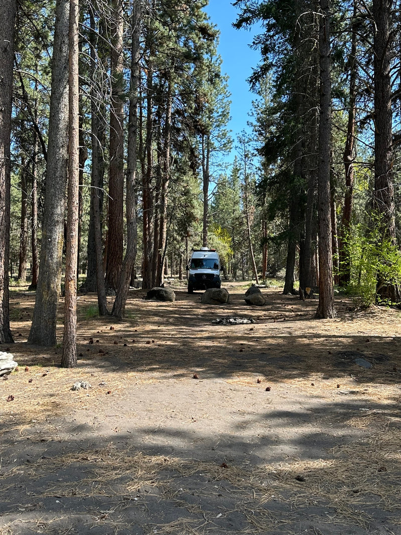  ideal for your next RV rental forest adventure.|White RV rental van set up for van life in a sunny forest. Equipped with a bike rack & off-road gear for outdoor adventure.|A white camper van — photo 5