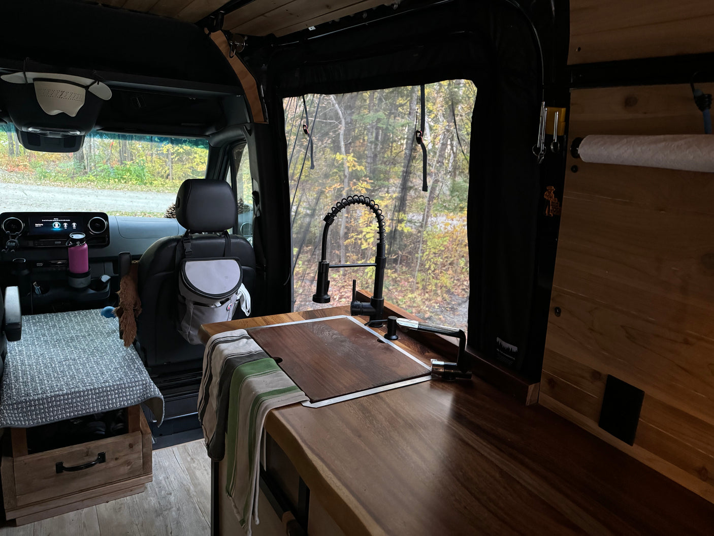 Inside a comfy RV rental: functional kitchen, thoughtful storage, and scenic forest views for your travels.