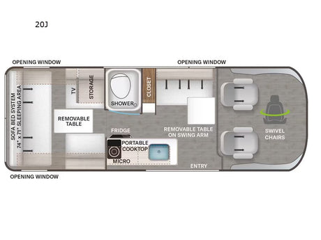 Explore this compact 20J rv rental floor plan: sofa bed, kitchen, shower, and swivel chairs, perfect for road trips.