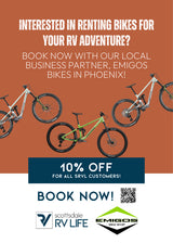 Plan your RV rental trip! Get 10% off mountain bike rentals in Phoenix via Scottsdale RV Life & Emigos Bike Shop.