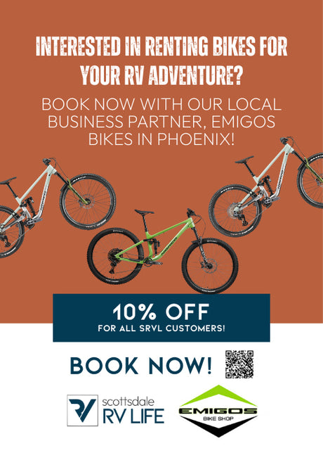 Plan your RV rental trip! Get 10% off mountain bike rentals in Phoenix via Scottsdale RV Life & Emigos Bike Shop.