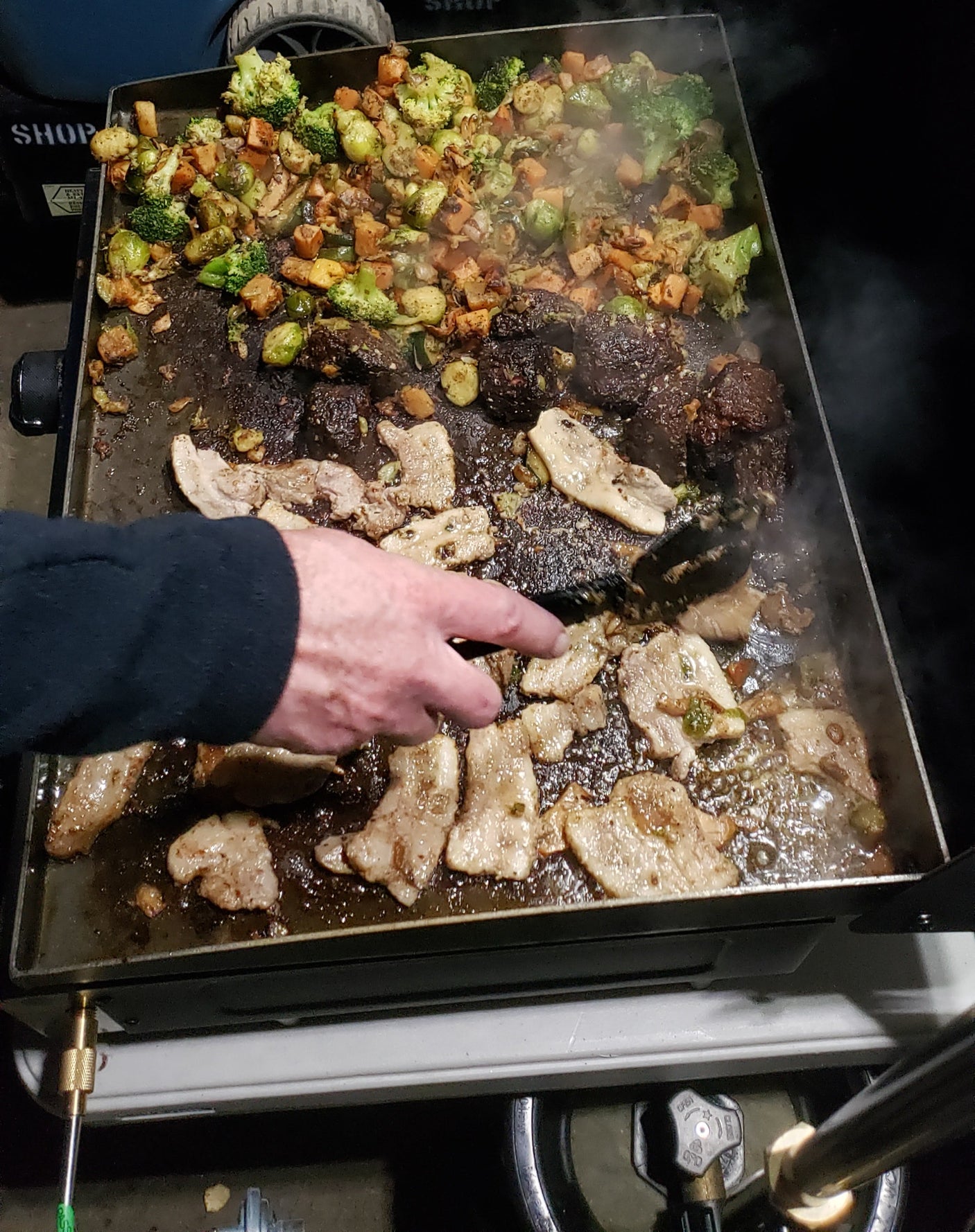 Hearty meal cooking on an outdoor griddle: fresh veggies & pork sizzle, perfect for your RV rental adventure.