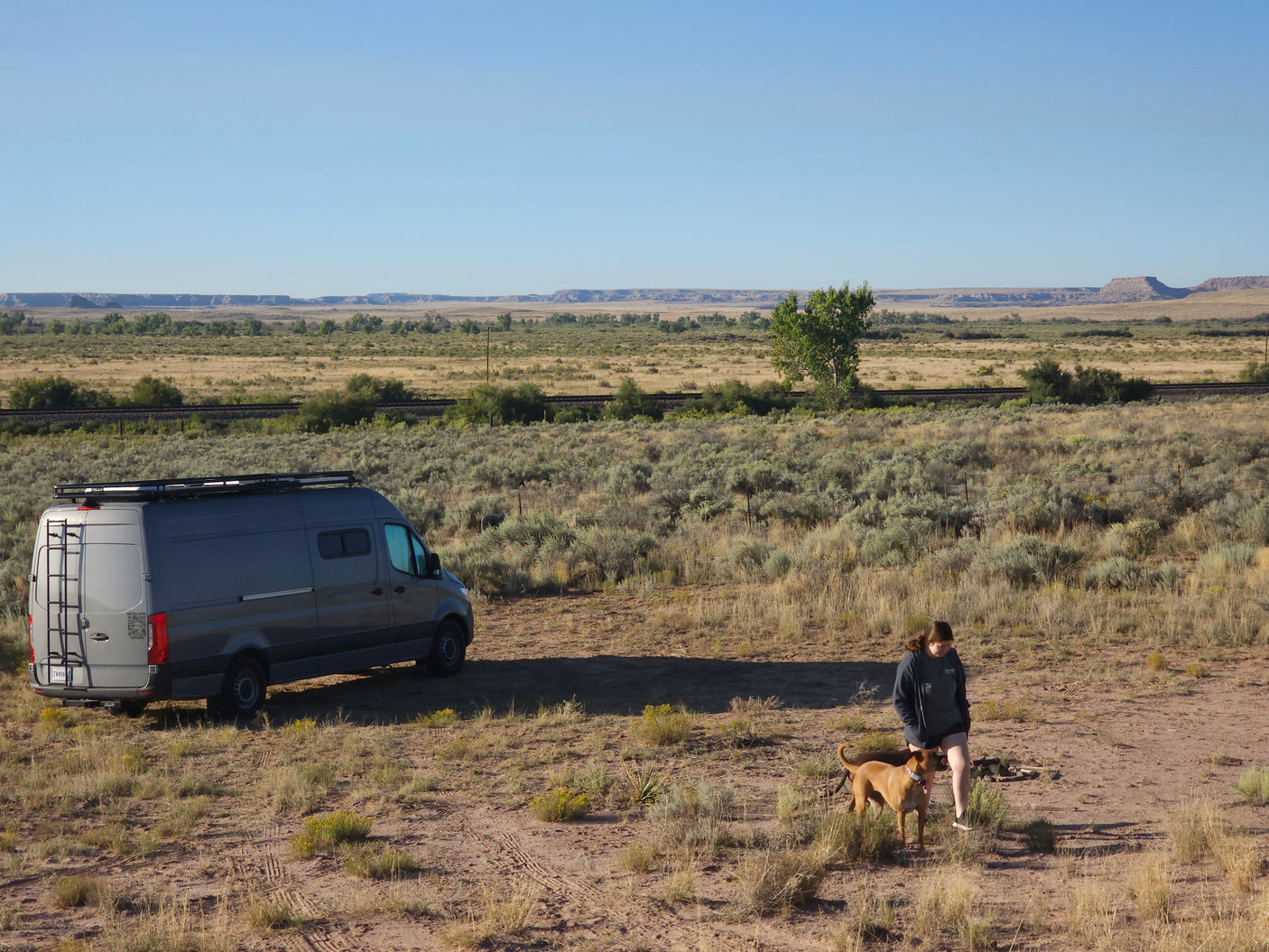 An RV rental camper van parked in a vast desert landscape with train tracks, a person, and their dog enjoying the open space.