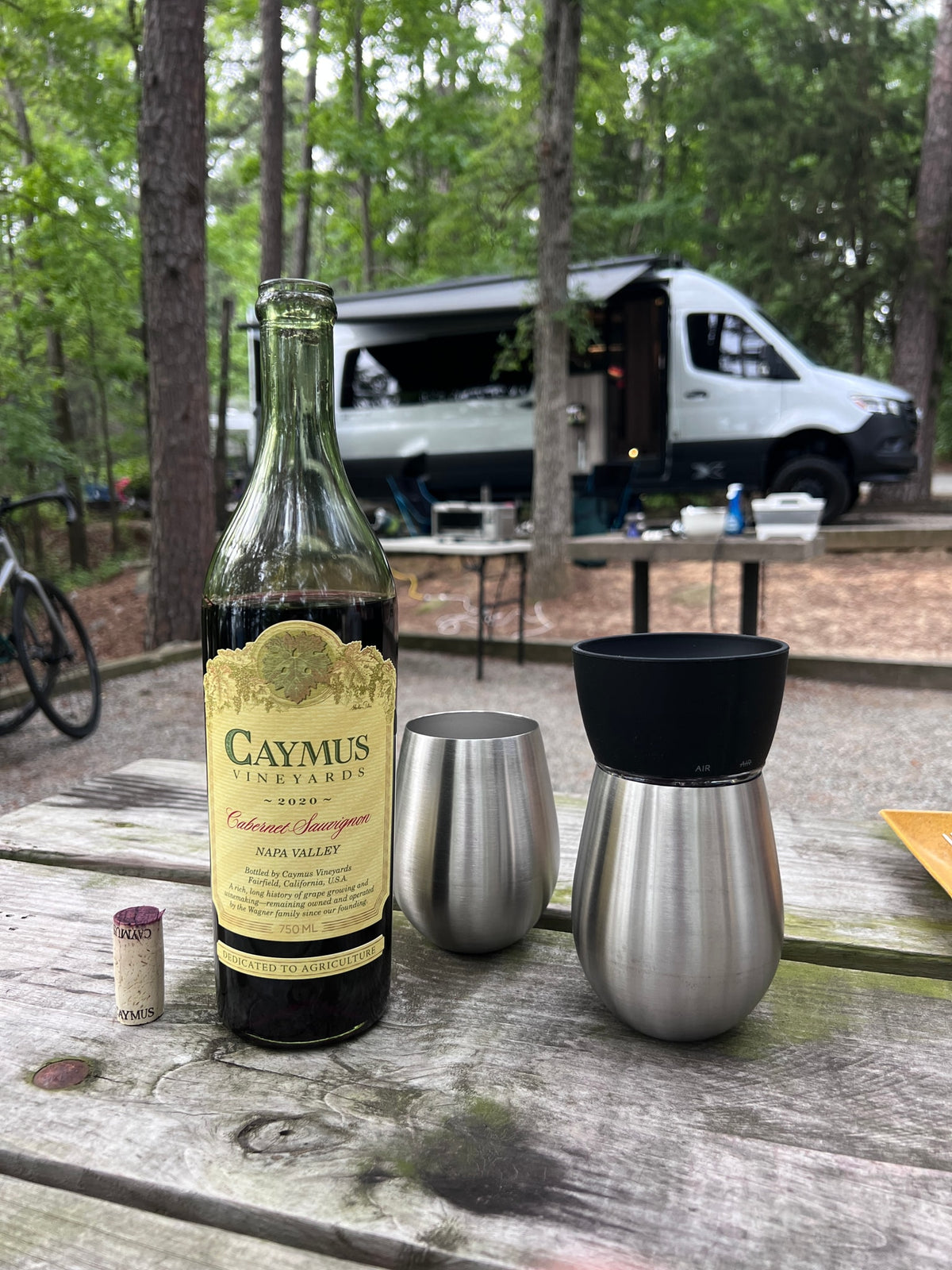  is set up at a wooded campsite with its awning extended and doors open — photo 7
