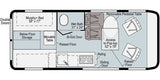 This RV rental floor plan shows a compact camper van interior layout with a Murphy bed, wet bath, kitchen, and flexible seating.