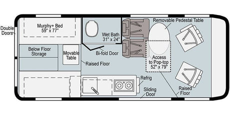 This RV rental floor plan shows a compact camper van interior layout with a Murphy bed, wet bath, kitchen, and flexible seating.