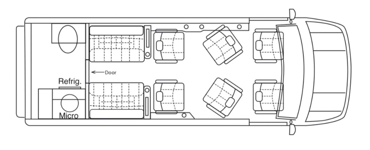 RV rental interior floor plan: Top-down view of a camper van with seating, kitchenette (fridge/micro), and convertible rear beds.
