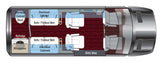 RV rental interior floor plan: Top-down view highlighting convertible sofas/beds, kitchen (microwave, fridge), TV, & cabinets.