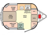Detailed RV rental floor plan: See the compact interior with convertible bed, kitchen (sink, stove, fridge), and dining area.