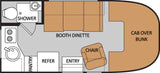 RV rental floor plan showing a detailed interior layout with shower, kitchen, dinette, and cab over bunk.