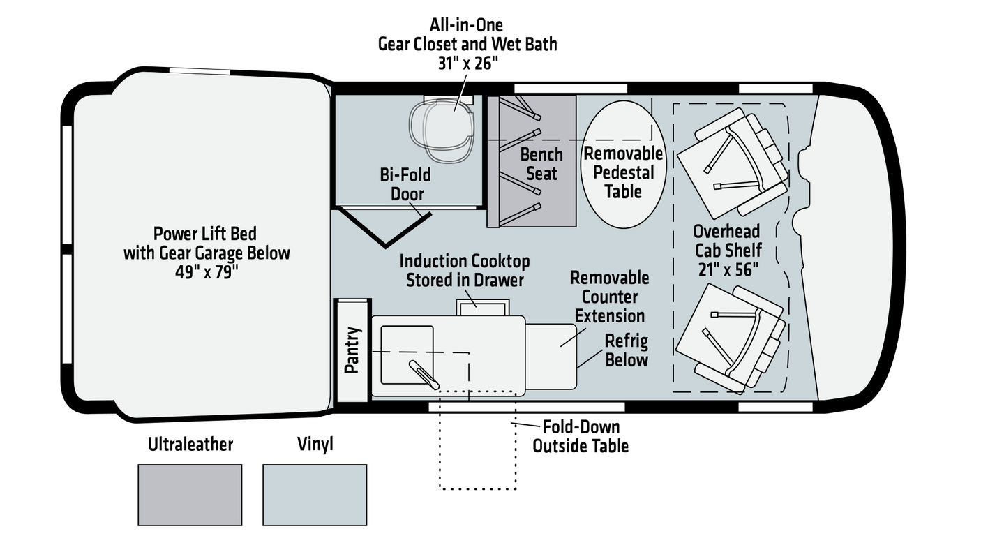 An RV rental interior layout: Features a power lift bed, kitchen with cooktop, pantry, bath, and flexible dining/seating.
