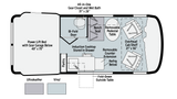 An RV rental interior layout: Features a power lift bed, kitchen with cooktop, pantry, bath, and flexible dining/seating.